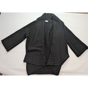 Alpha Cardigan Women L Black Excellent Merino Wool Ribbed Shawl Open Front